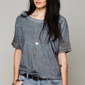 Free People Beaded Short Sleeve Relaxed Fit Top Size Small